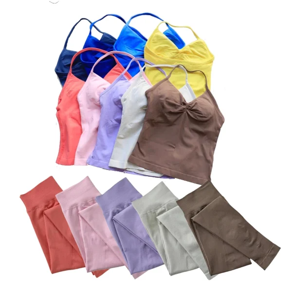 2Pcs Yoga Set Women Longline Strappy Vest&Leggings Same Color Resistance Fitness Workout Running Cycling Seamless Pants Vest Set