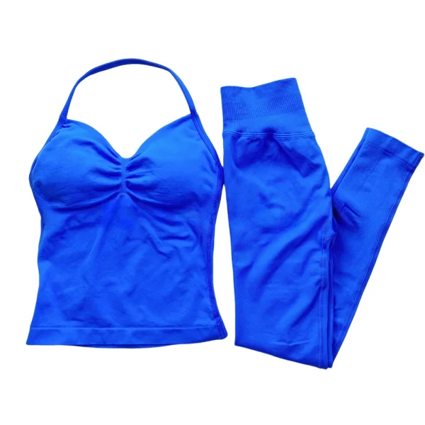 2Pcs Yoga Set Women Longline Strappy Vest&Leggings Same Color Resistance Fitness Workout Running Cycling Seamless Pants Vest Set - Image 3